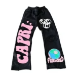 Project Capri Denim Flare Sweatpants Black Pink front view showcasing flared design