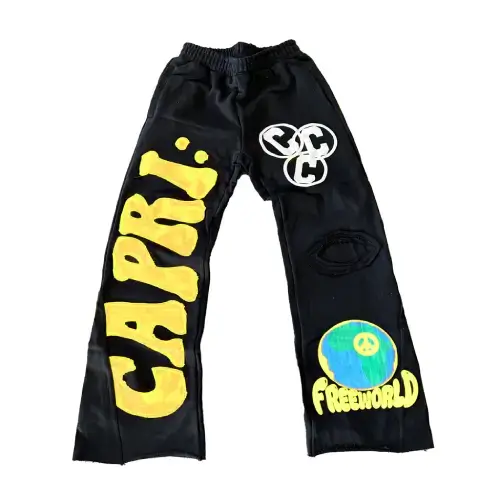 Project Capri Denim Flare Sweatpants Black Yellow front view with flare leg streetwear design
