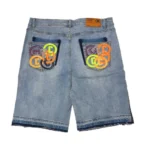 Project Capri Denim Jorts Blue back view featuring durable stitching and rear pocket detailing
