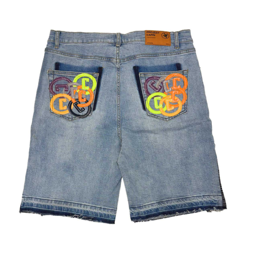Project Capri Denim Jorts Blue back view featuring durable stitching and rear pocket detailing