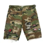 Project Capri Patch Camo Jorts front view featuring premium denim and camouflage patchwork details