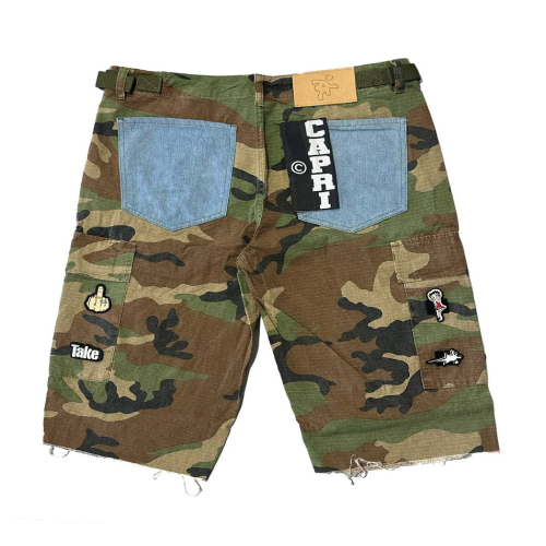 Back view of Project Capri Patch Camo Jorts showing rear pockets and camo denim patch styling