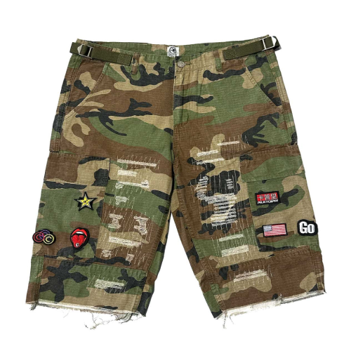 Project Capri Patch Camo Jorts front view featuring premium denim and camouflage patchwork details