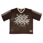 Project Capri Running Man Jersey Brown front view featuring oversized streetwear fit and graphic design