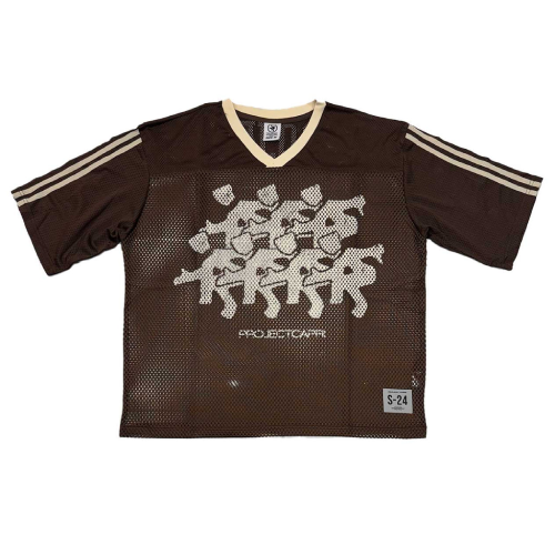 Project Capri Running Man Jersey Brown front view featuring oversized streetwear fit and graphic design