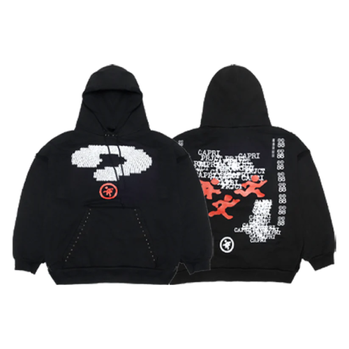Front view of Project Caprii Black Studded Hoodie featuring premium black fabric and metallic stud detailing