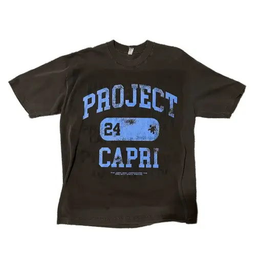 Front view of Project 24 Capri Black T-Shirt with premium graphic print
