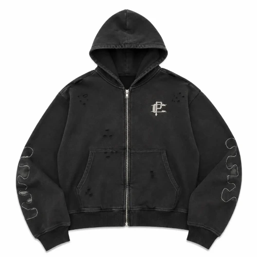 Front view of Project Capri Distressed Black Zip Hoodie