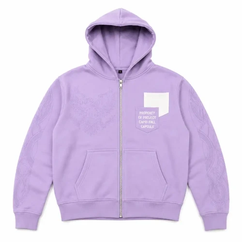 Front view of Project Capri Lavender Full Zip Hoodie