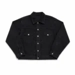Front view of Project Capri Black Denim Jacket with classic button-front design
