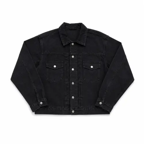 Front view of Project Capri Black Denim Jacket with classic button-front design