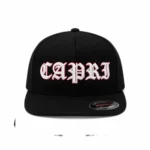 Front view of Project Capri Black Gothic Cap with embroidered Gothic logo