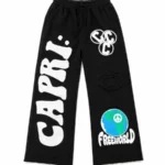 Front view of Project Capri Black Graphic Fleece Sweatpants with premium graphic design
