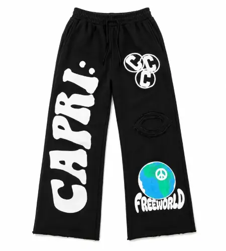 Front view of Project Capri Black Graphic Fleece Sweatpants with premium graphic design