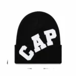 Front view of Project Capri Black Logo Beanie with embroidered logo