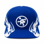 Front view of Project Capri Blue Flame Cap with embroidered flame design