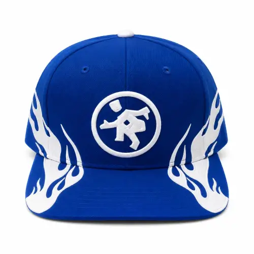 Front view of Project Capri Blue Flame Cap with embroidered flame design