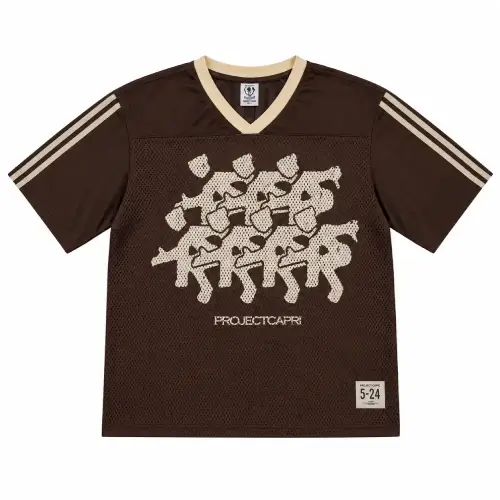 Front view of Project Capri Brown Mesh Football Jersey with athletic graphic design