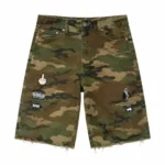 Front view of Project Capri Camo Denim Jorts with camouflage pattern
