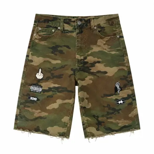 Front view of Project Capri Camo Denim Jorts with camouflage pattern