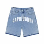 Front view of Project Capri Capridonia Denim Jorts with signature graphic detailing