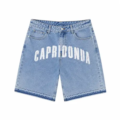 Front view of Project Capri Capridonia Denim Jorts with signature graphic detailing