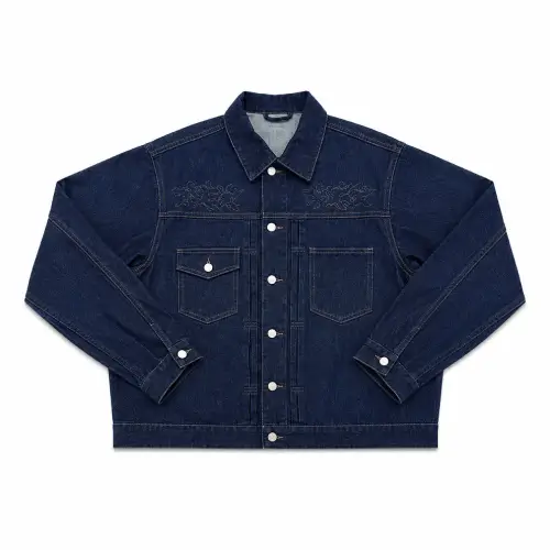 Front view of Project Capri Dark Blue Denim Jacket with classic button closure
