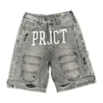 Front view of Project Capri Denim Cargo Jorts with utility cargo pockets
