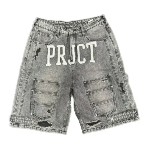 Front view of Project Capri Denim Cargo Jorts with utility cargo pockets