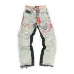 Front view of Project Capri Denim Redrum Jeans with graphic detailing