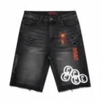 Front view of Project Capri Distressed Black Denim Jorts with vintage distressed finish