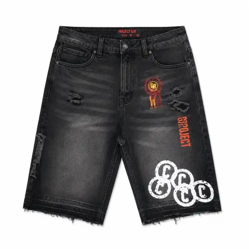 Front view of Project Capri Distressed Black Denim Jorts with vintage distressed finish