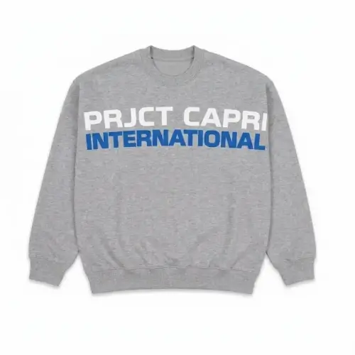 Front view of Project Capri Grey Crewneck Sweatshirt with classic casual design