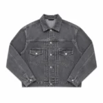 Front view of Project Capri Grey Denim Jacket with classic button-front design