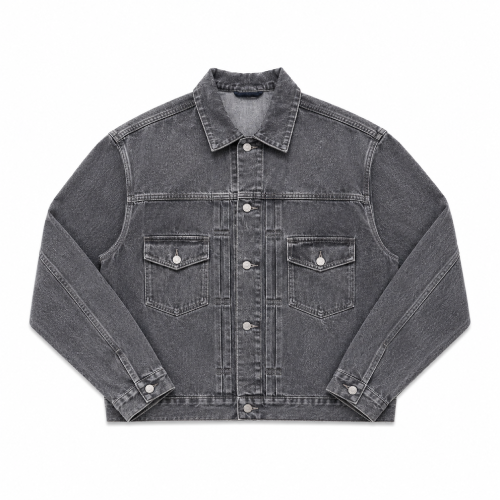 Front view of Project Capri Grey Denim Jacket with classic button-front design