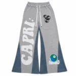 Front view of Project Capri Grey Flared Graphic Sweatpants with modern streetwear graphic