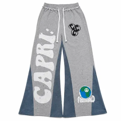Front view of Project Capri Grey Flared Graphic Sweatpants with modern streetwear graphic