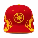 Front view of Project Capri Red Flame Cap with embroidered flame graphics
