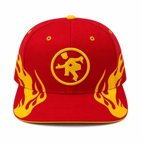 Front view of Project Capri Red Flame Cap with embroidered flame graphics