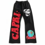 Front view of Project Capri Red Freeworld Sweatpants with premium graphic design
