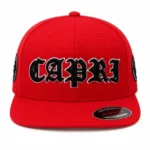 Front view of Project Capri Red Gothic Cap with embroidered Gothic logo