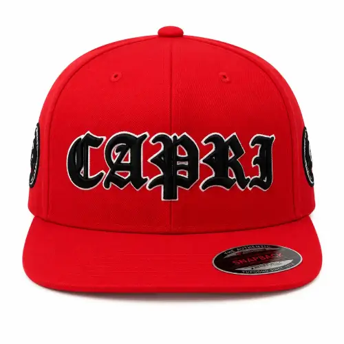 Front view of Project Capri Red Gothic Cap with embroidered Gothic logo