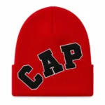 Front view of Project Capri Red Logo Beanie with embroidered logo
