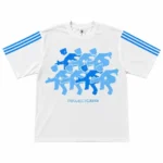 Front view of Project Capri White Blue Graphic T-Shirt with bold blue graphic print