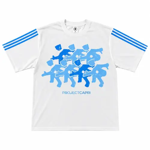 Front view of Project Capri White Blue Graphic T-Shirt with bold blue graphic print