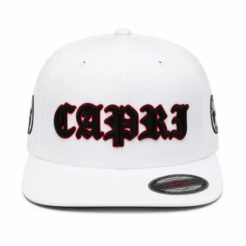 Project Capri White Gothic Cap Front view of Project Capri White Gothic Cap with embroidered Gothic logo