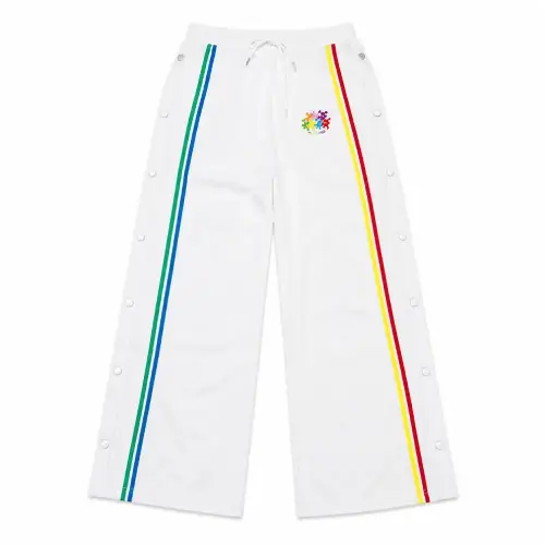 Front view of Project Capri White Snap Track Pants with side snap buttons